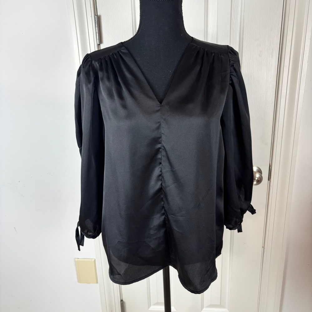 Renee C. Black Satin V-Neck Puff Sleeve Blouse Tie Cuff Size M Made in USA